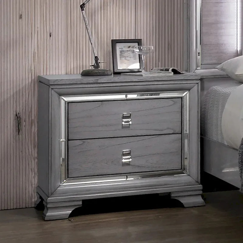 Lit panneau contemporain gris 3 pièces, table de nuit et commode avec LED
