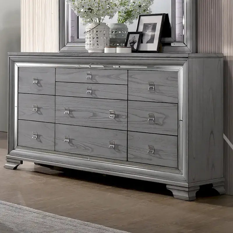 Lit panneau contemporain gris 3 pièces, table de nuit et commode avec LED