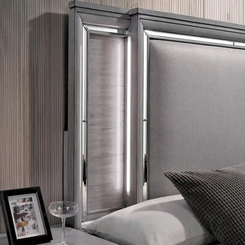 Lit panneau contemporain gris 3 pièces, table de nuit et commode avec LED