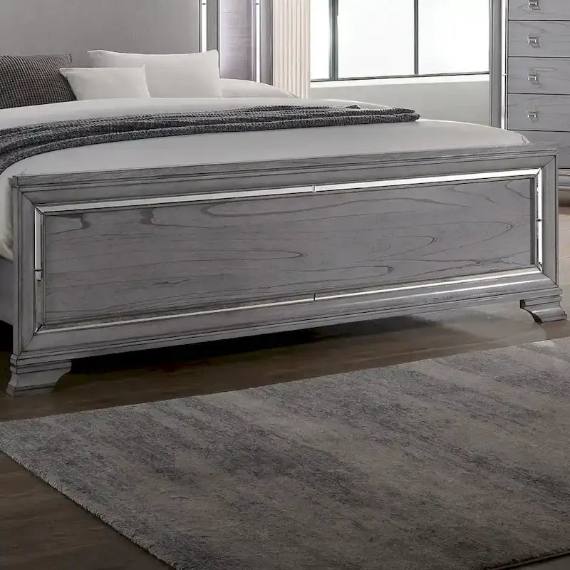 Lit panneau contemporain gris 3 pièces, table de nuit et commode avec LED