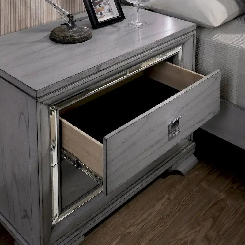 Lit panneau contemporain gris 3 pièces, table de nuit et commode avec LED