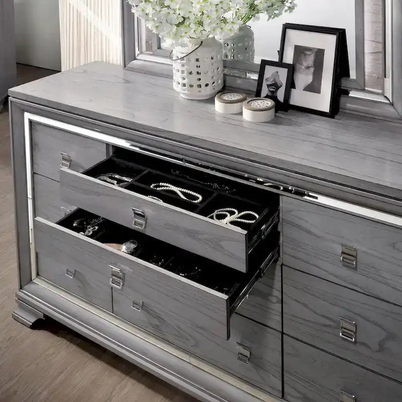 Lit panneau contemporain gris 3 pièces, table de nuit et commode avec LED
