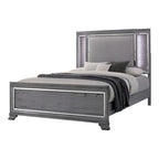 Lit panneau contemporain gris 3 pièces, table de nuit et commode avec LED