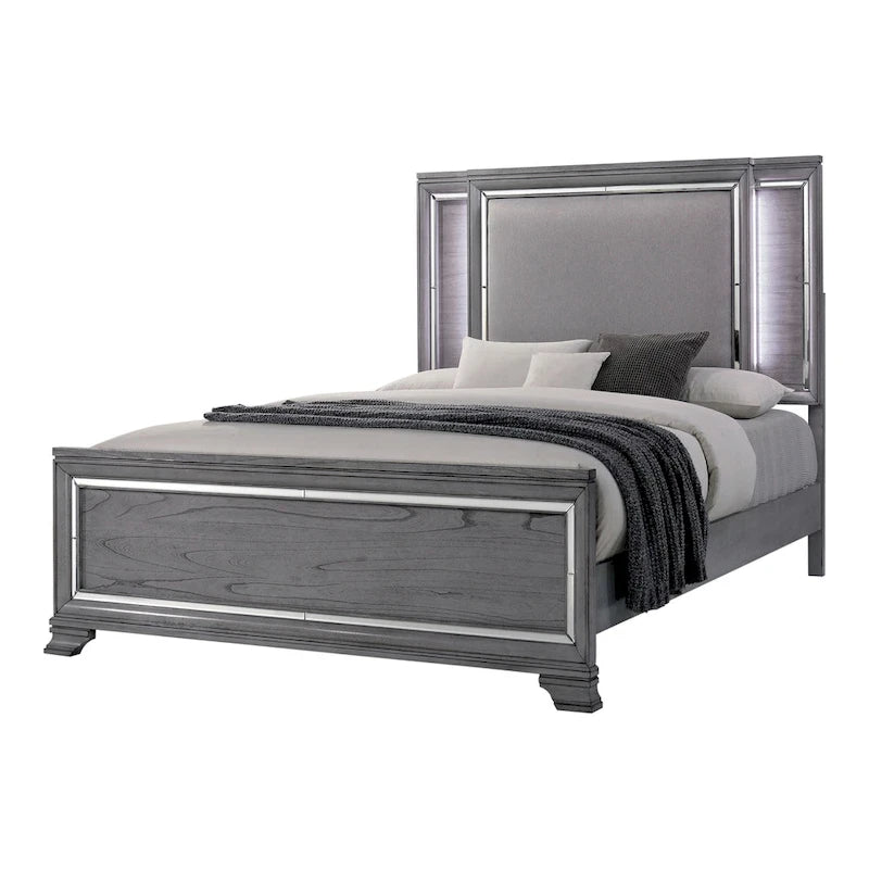 Lit panneau contemporain gris 3 pièces, table de nuit et commode avec LED