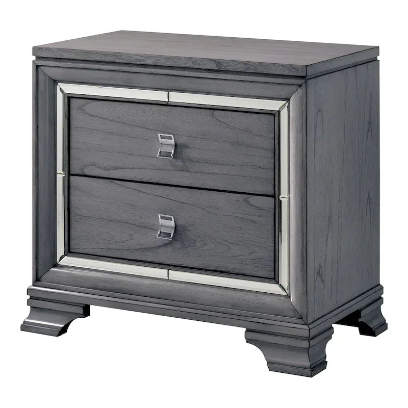 Lit panneau contemporain gris 3 pièces, table de nuit et commode avec LED