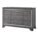 Lit panneau contemporain gris 3 pièces, table de nuit et commode avec LED
