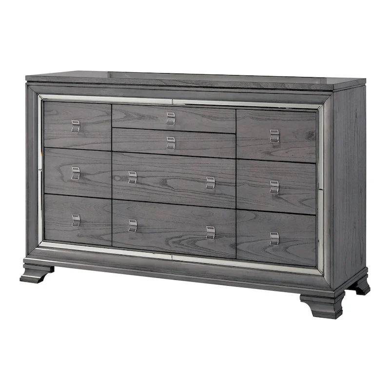 Lit panneau contemporain gris 3 pièces, table de nuit et commode avec LED