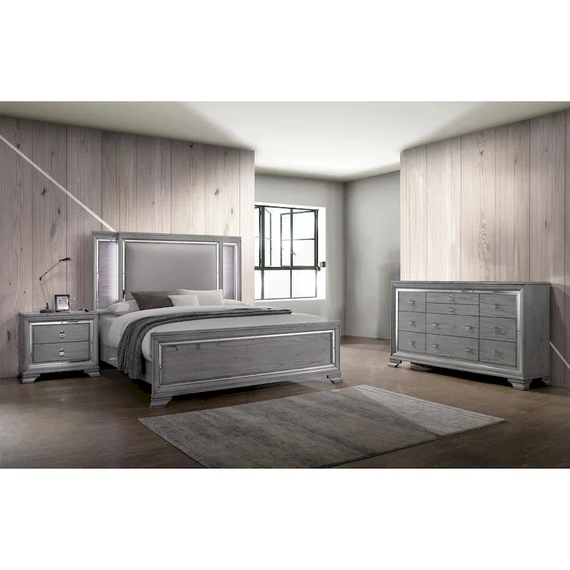 Lit panneau contemporain gris 3 pièces, table de nuit et commode avec LED