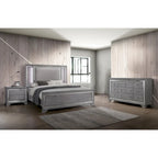 Lit panneau contemporain gris 3 pièces, table de nuit et commode avec LED