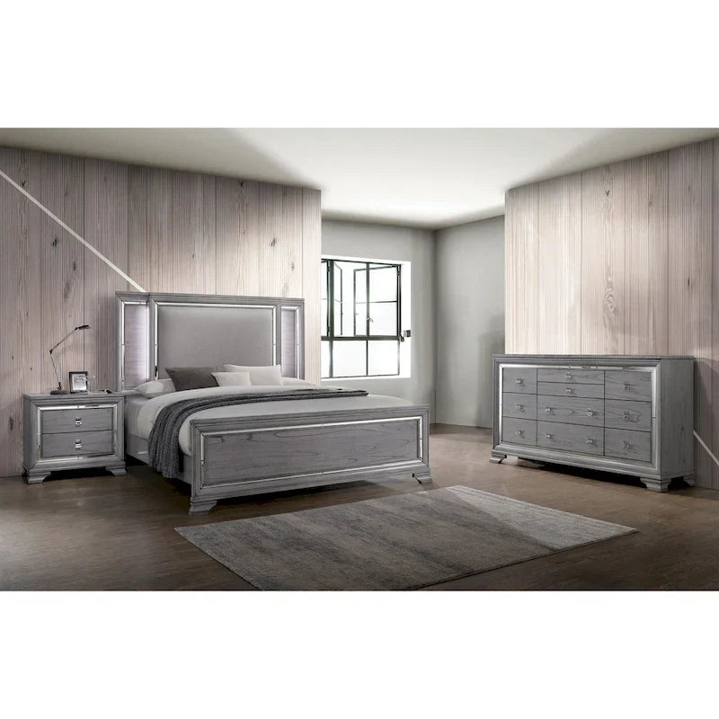 Lit panneau contemporain gris 3 pièces, table de nuit et commode avec LED