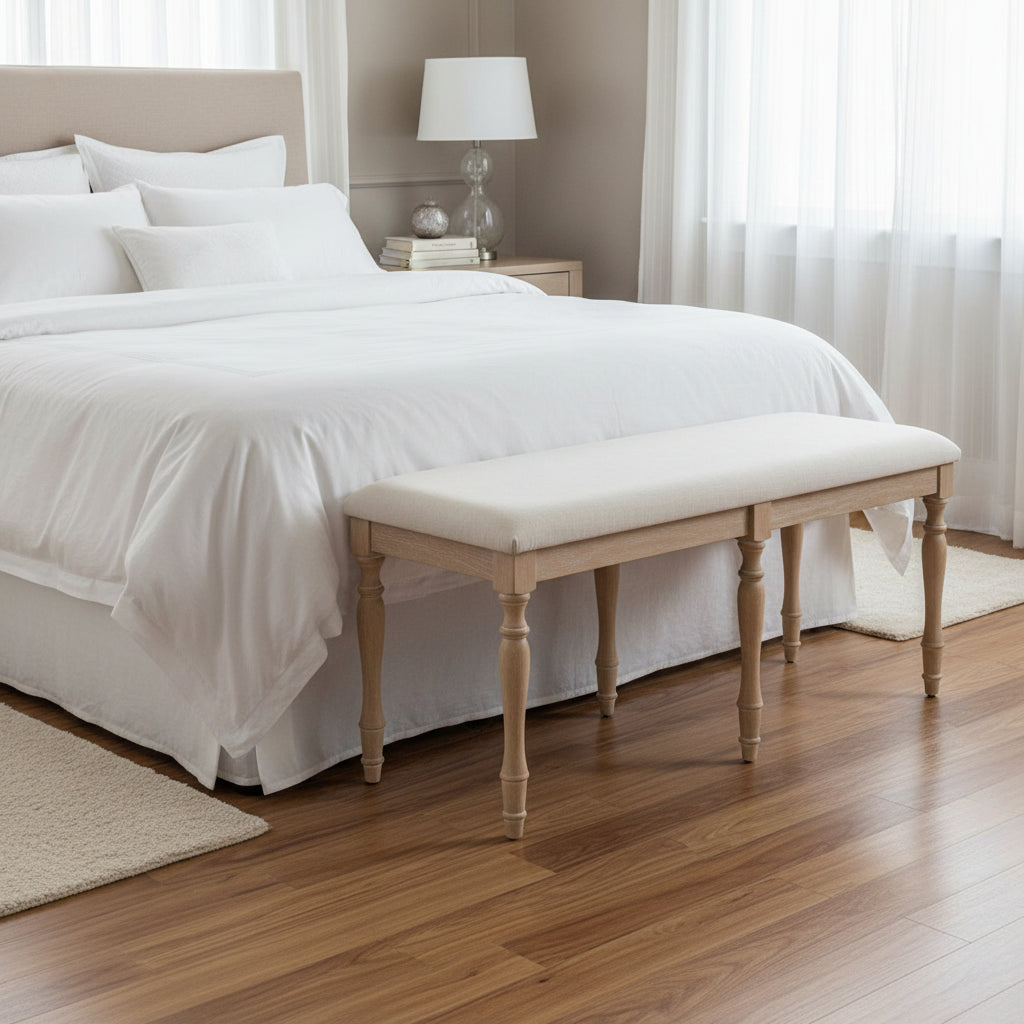 Banc de salle à manger capitonné traditionnel vintage de 128 cm avec 6 pieds en bois massif