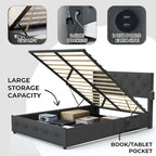 Cadre de lit double avec sommier relevable et ports USB